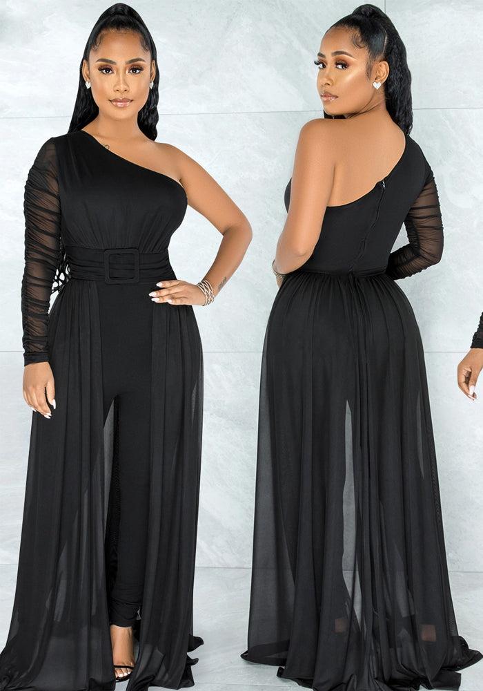 Women Summer Black Romantic Slash Neck Full Sleeves Solid Mesh Ripped Full Length Regular Jumpsuit
