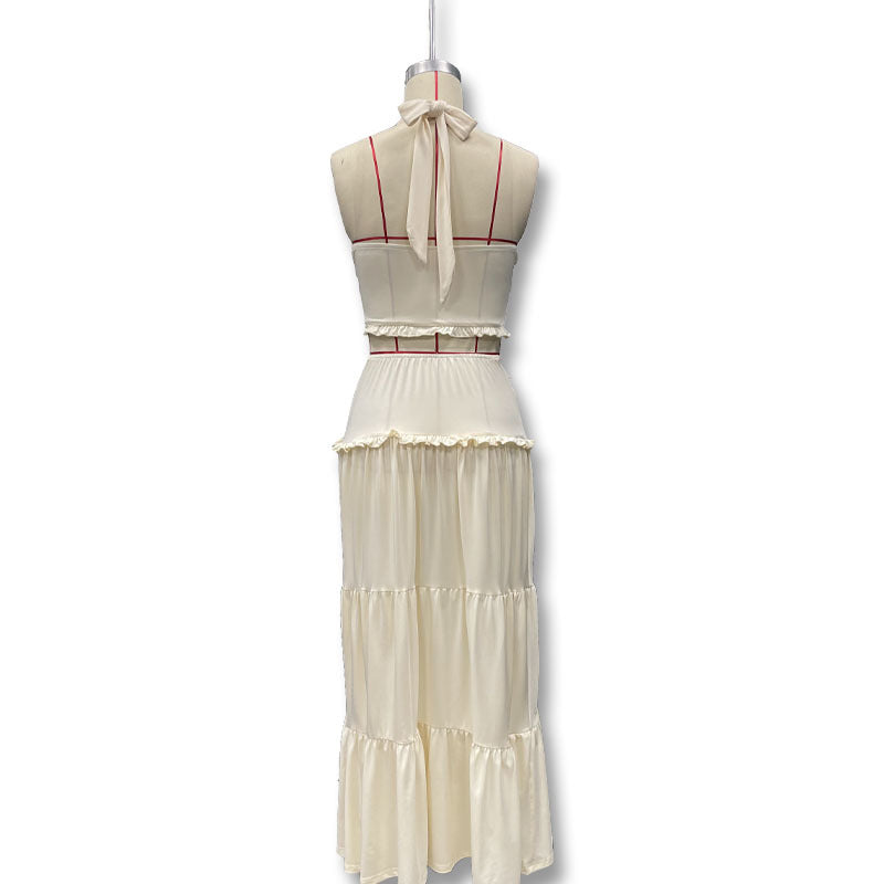 Women's Sexy Halter Neck Lace-up Top High Waist Pleated Skirt Two-piece Set 13