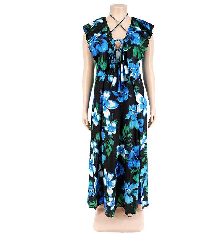 Plus Size Women's Summer Ruffled Collar Floral Print Maxi Dress 12