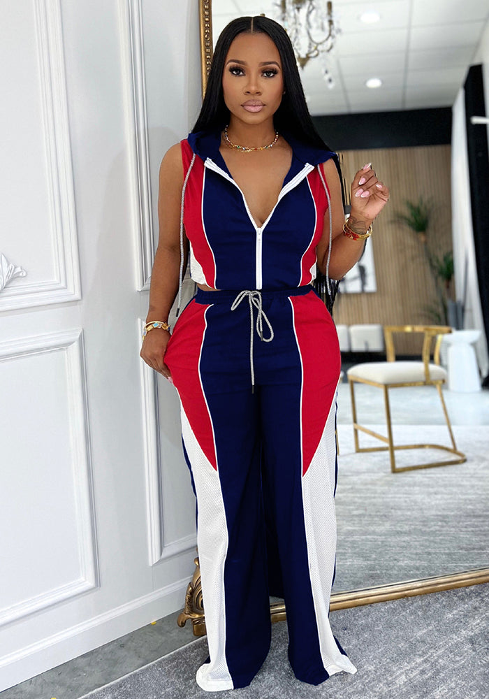 Women Patchwork hooded sleeveless top and trousers two-piece set