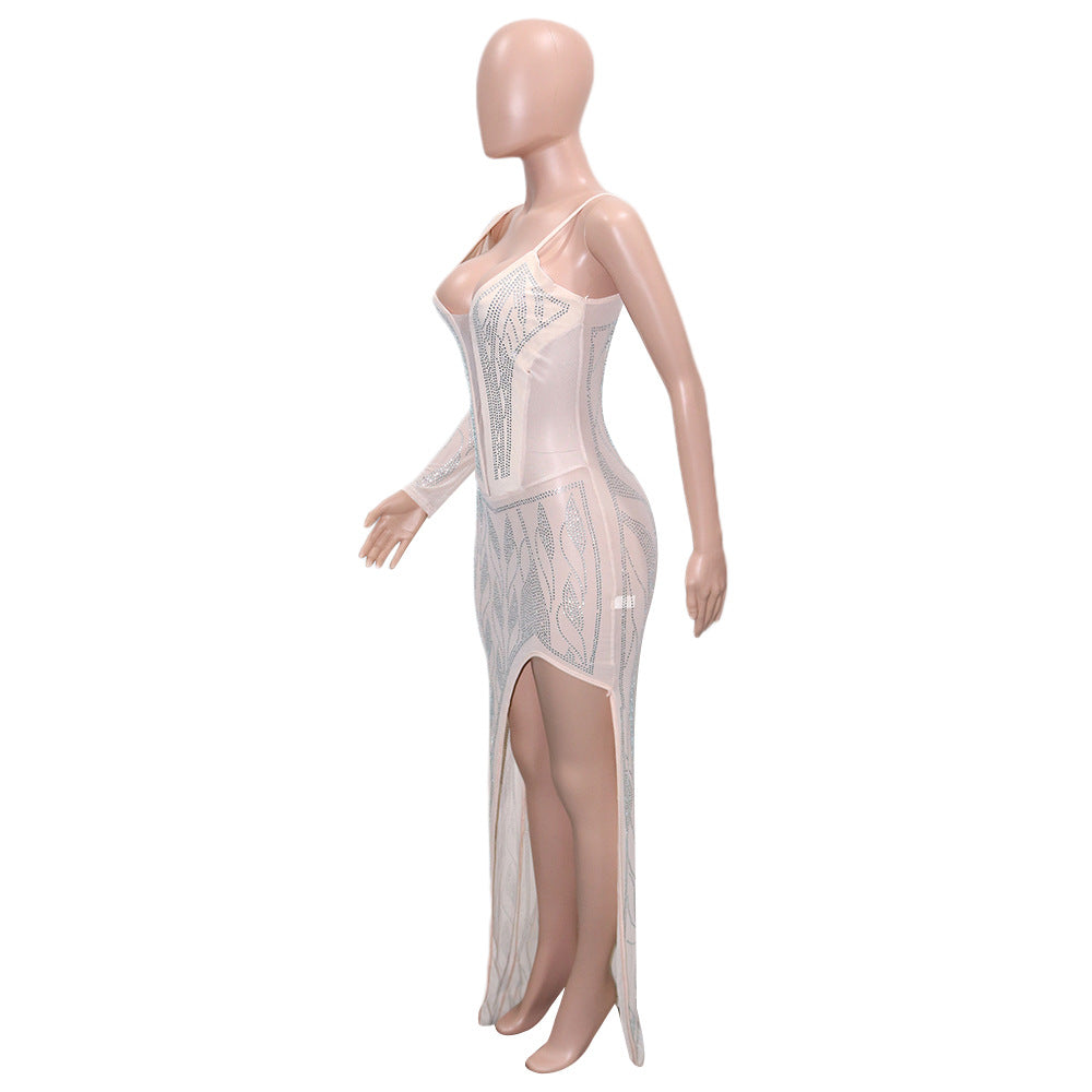 Women Sexy See-Through Beaded Long Sleeve Dress 14