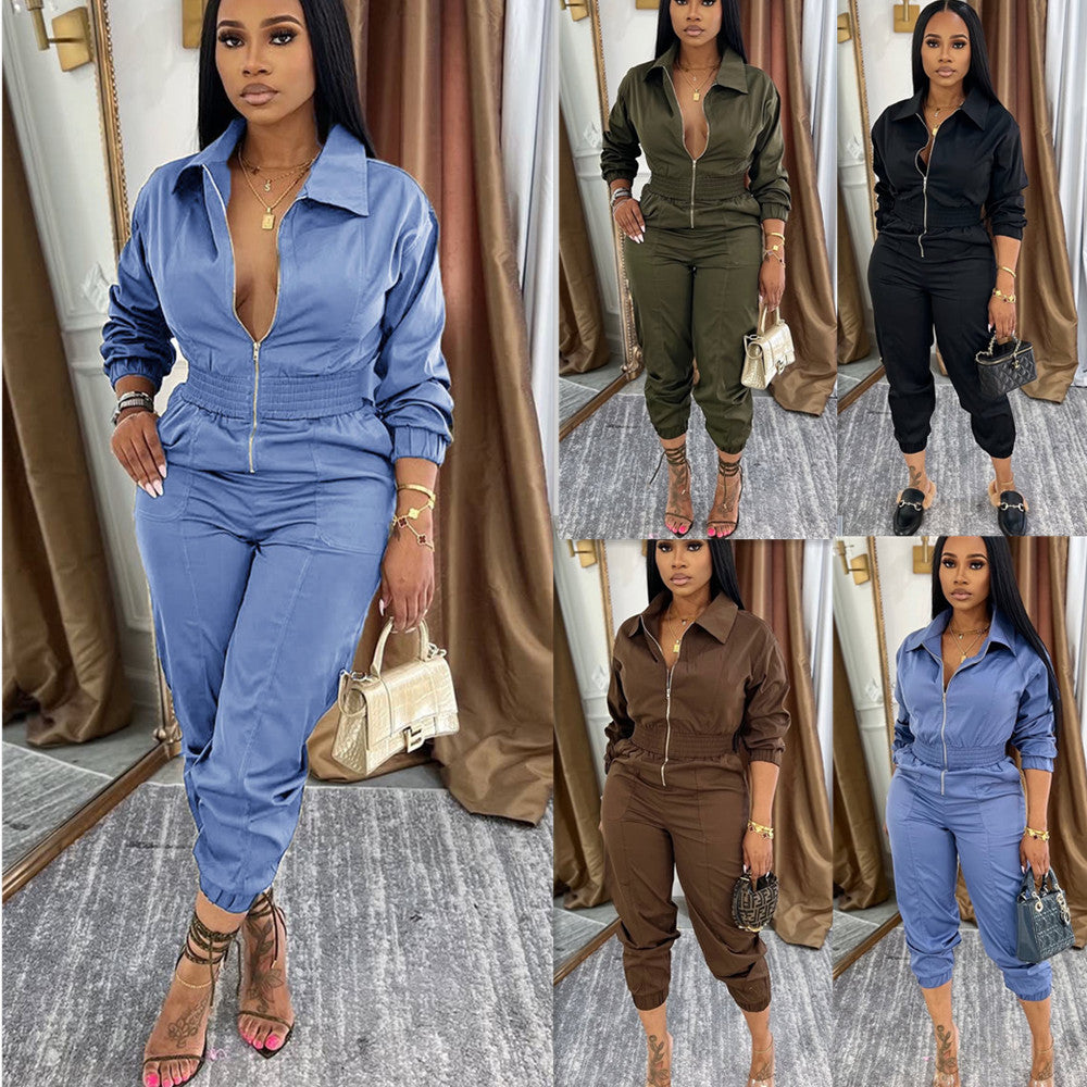 Women Turndown Collar Zipper Cargo Jumpsuit 7