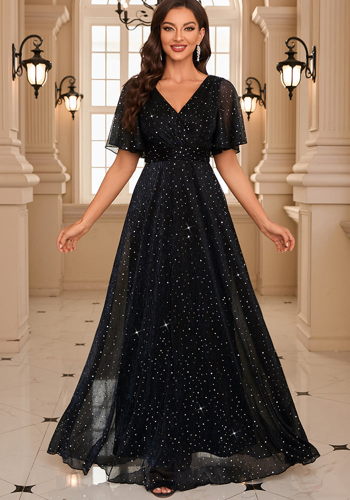 Women V-Neck Solid Ruffle Sleeve Pleated Elegant Sequin Evening Dress