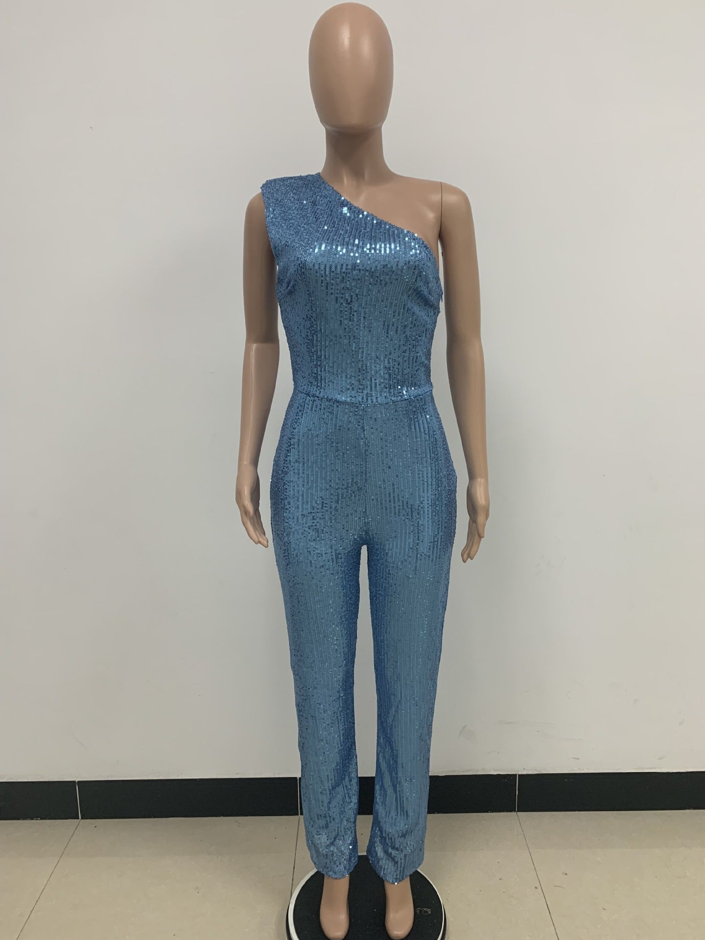 Women's Sleeveless One Shoulder Low Back Sequined Jumpsuit 57