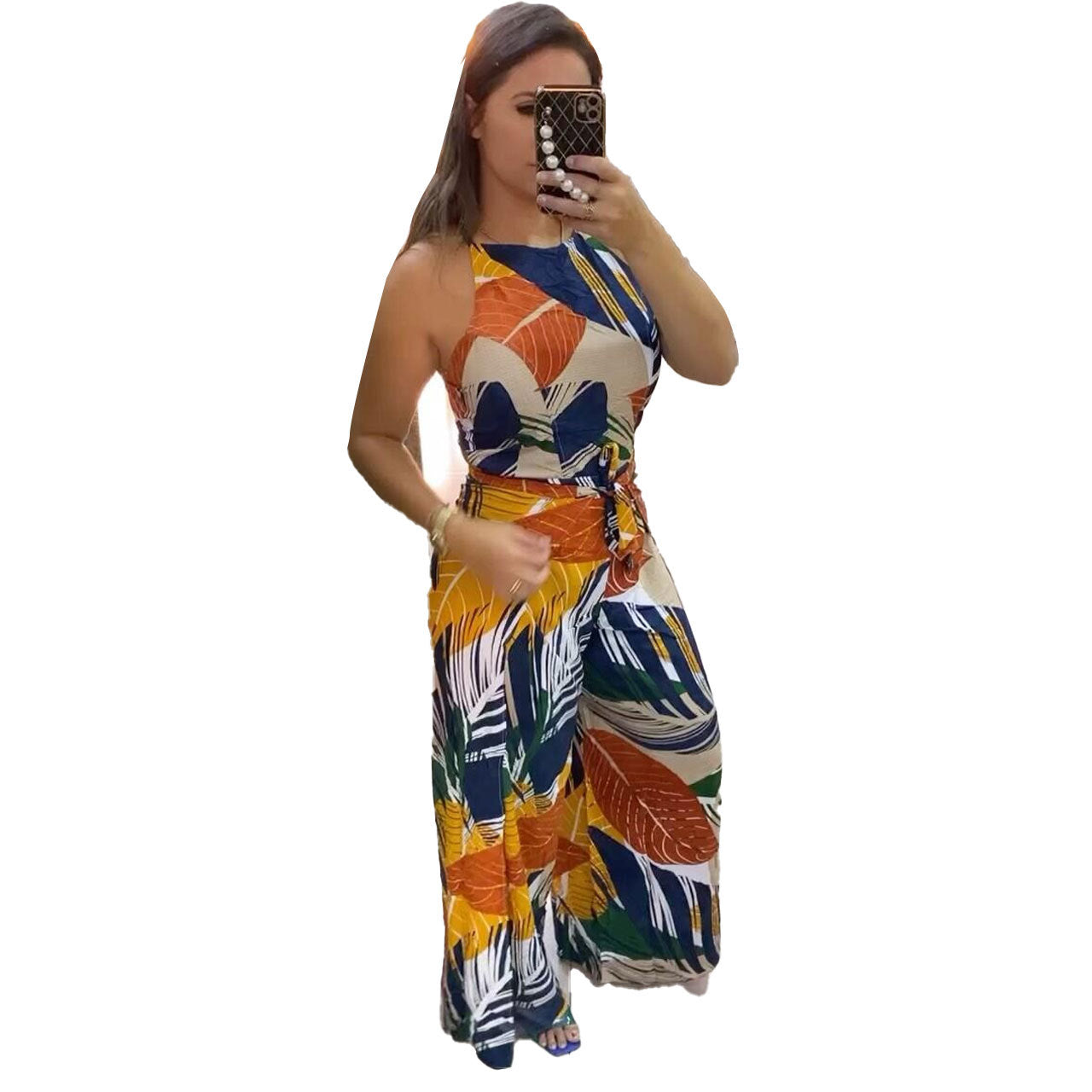 Sexy Fashion Multicolor Print Belt Sleeveless Jumpsuit 11