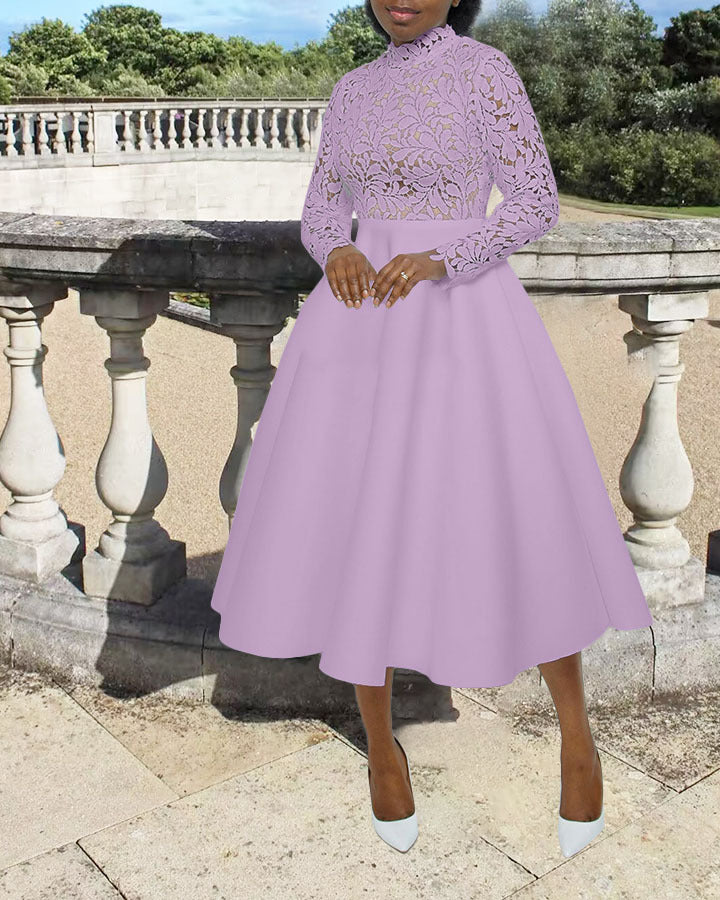 Women's Medium Neck Lace Patchwork A-Line Dress 4