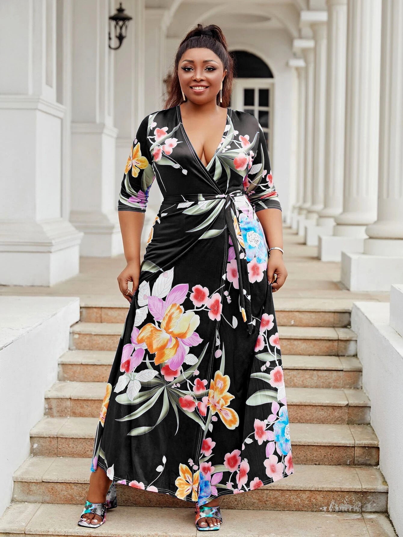 Women V-neck Half-Sleeve Slit Dress Bohemian Beach Maxi Dress 5