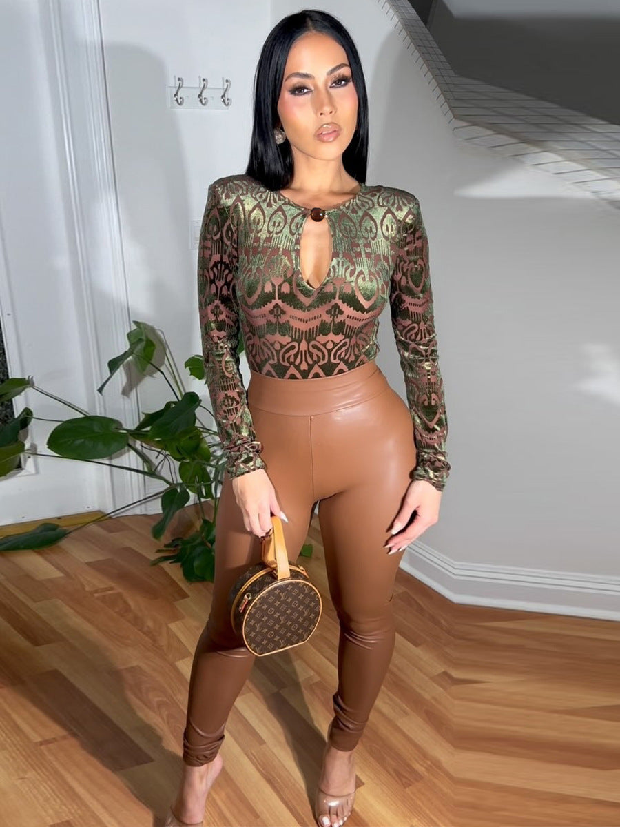 Women's Sexy Autumn Slim-Fitting Flocked Round Neck Long Sleeve Stretch Bodysuit 5