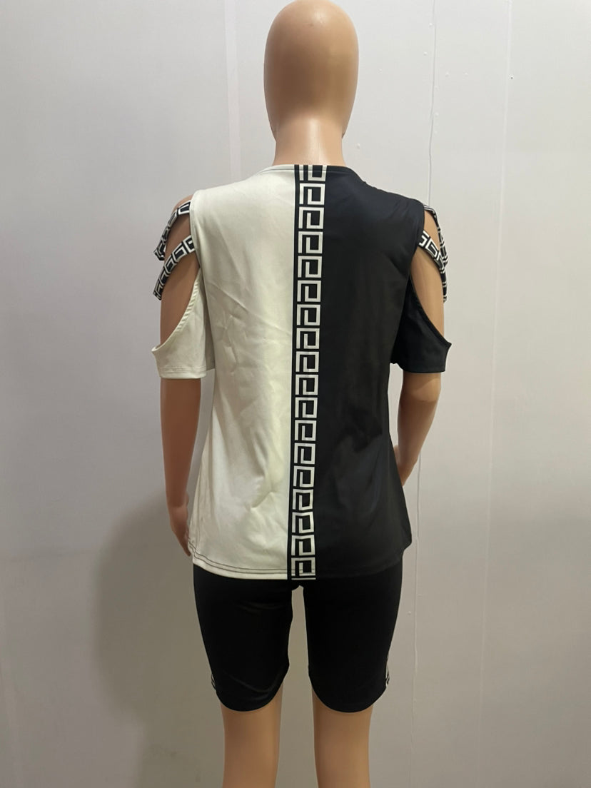 Women Contrasting Color Bandage Print Short Sleeve Top and Shorts Two-Piece Set 17