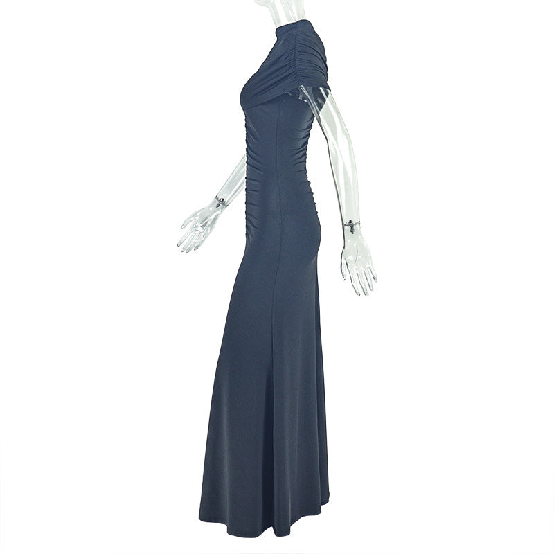 Elegant Women's Pleated Solid Color Bodycon Slim High Neck Short-Sleeve Long Dress 11