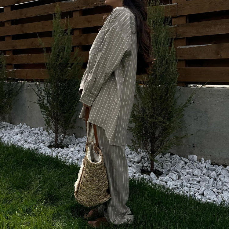 Women's Spring And Autumn Fashion Striped Loose Long Sleeve Shirt Wide Leg Pants Two Piece Set 4