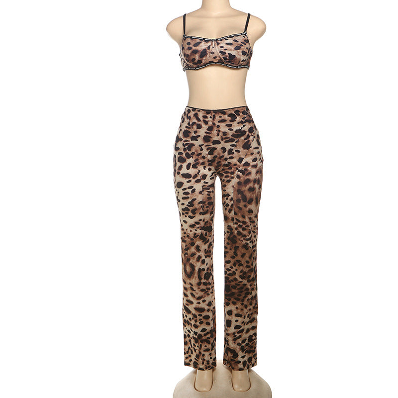 Women Spring Sexy Leopard Top and Pants Two-piece Set 7