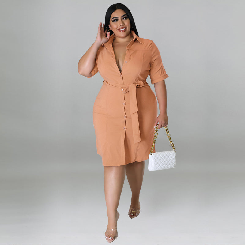 Plus Size Women Fall Solid Short Sleeve Shirt Dress 20