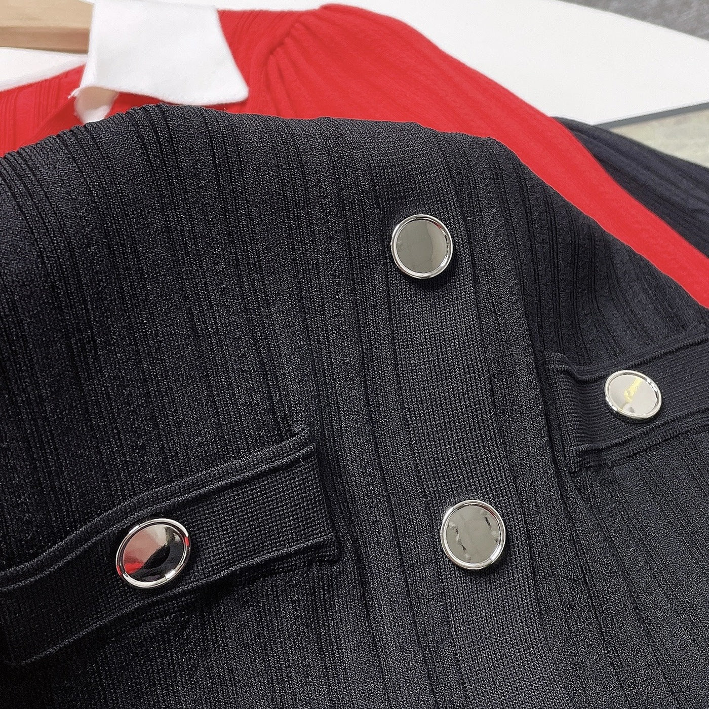 Women French Elegance Turndown Collar Contrast Hollow Short Sleeve Knitting Dress 11