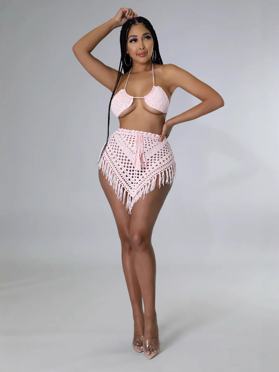 Summer Crocheted Hollow Bra Tassel Short Skirt Sexy Two-Piece Set 10