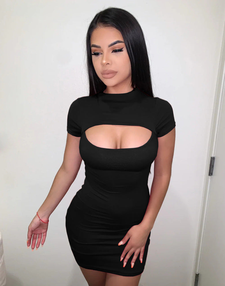 Sexy Solid Color Hollow Short Sleeve Bodycon Dress 3