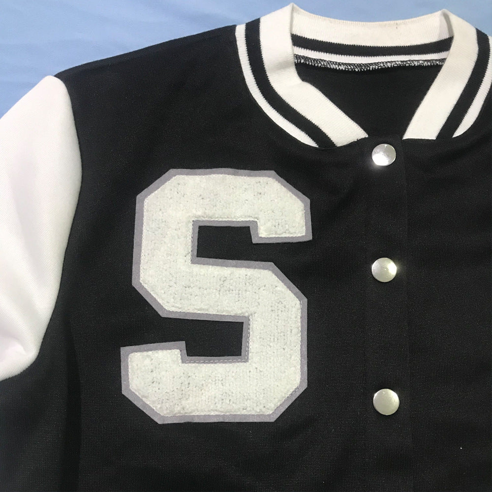 Women Solid Patchwork Letter Button Loose Baseball Jacket 14