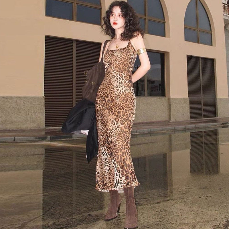 Women's Summer Fashion Print Sexy Low Back Strappy Leopard Dress