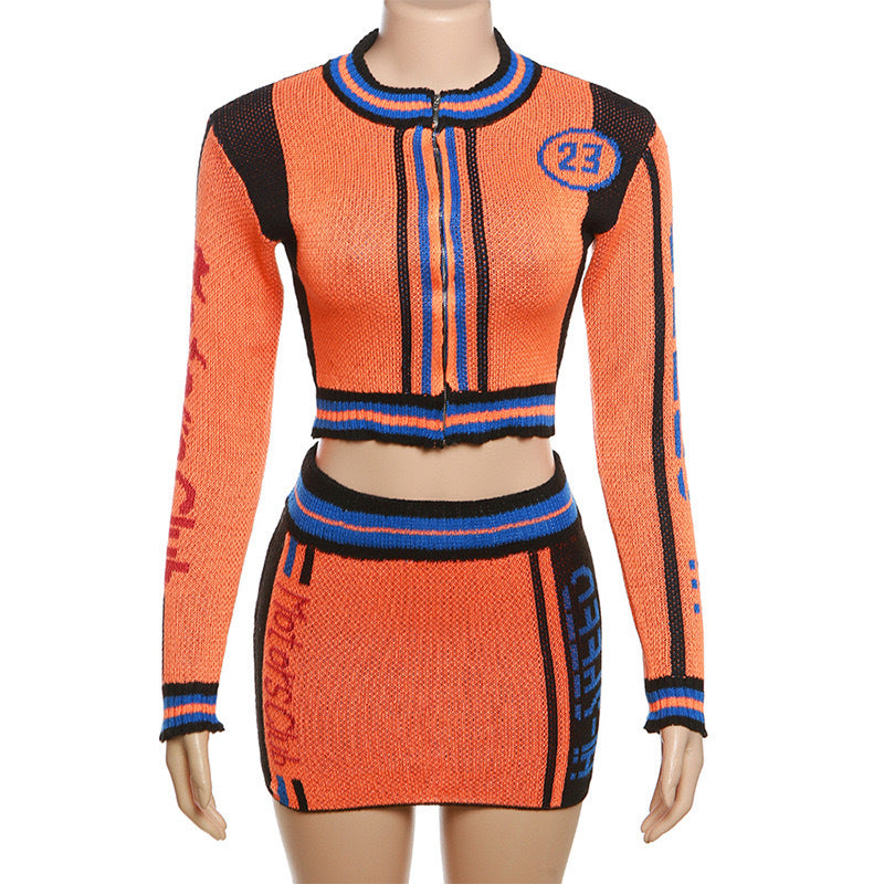 Autumn Letter Knit Zipper Ribbed Long Sleeve High Waist Two Piece Short Skirt Set 7