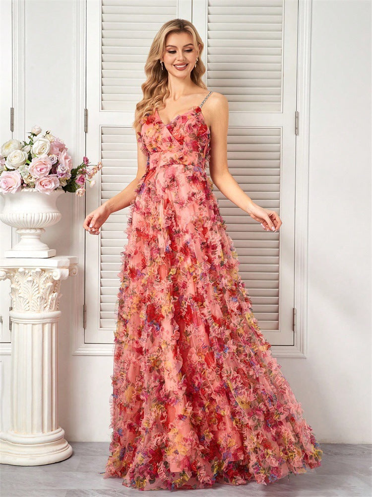 Women V-neck suspender floral elegant prom evening dress 5