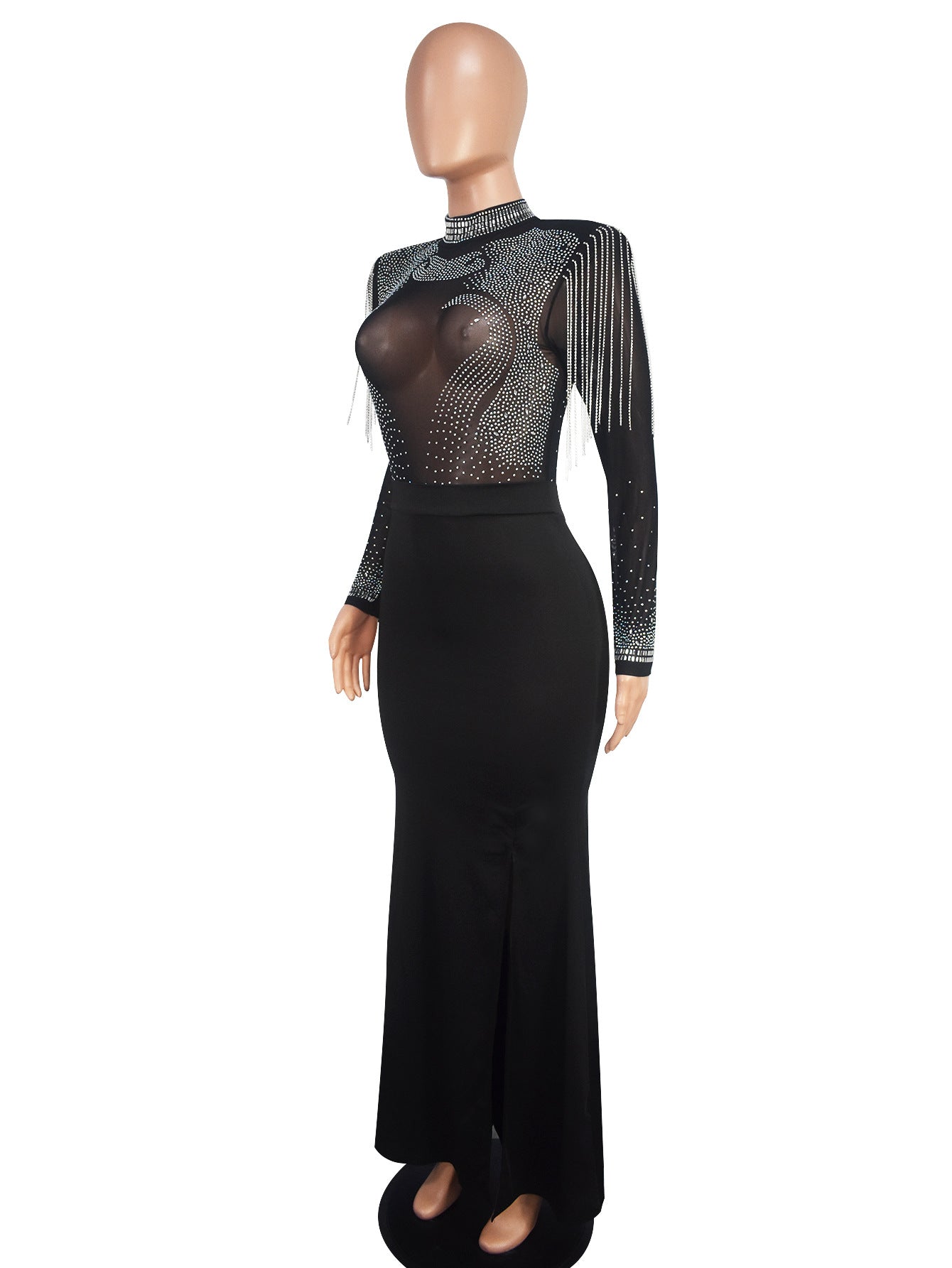 Women Sexy See-Through Mesh Beaded Slit Dress 5