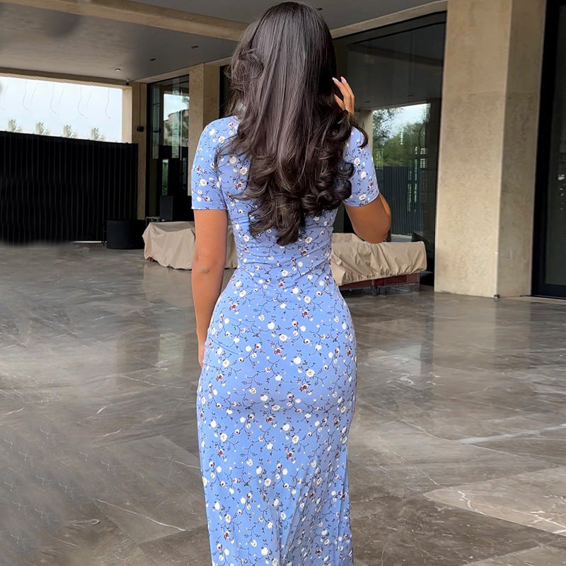 Women's Summer Print Round Neck Short Sleeve Slim Waist Slim Fit Bodycon Dress 5