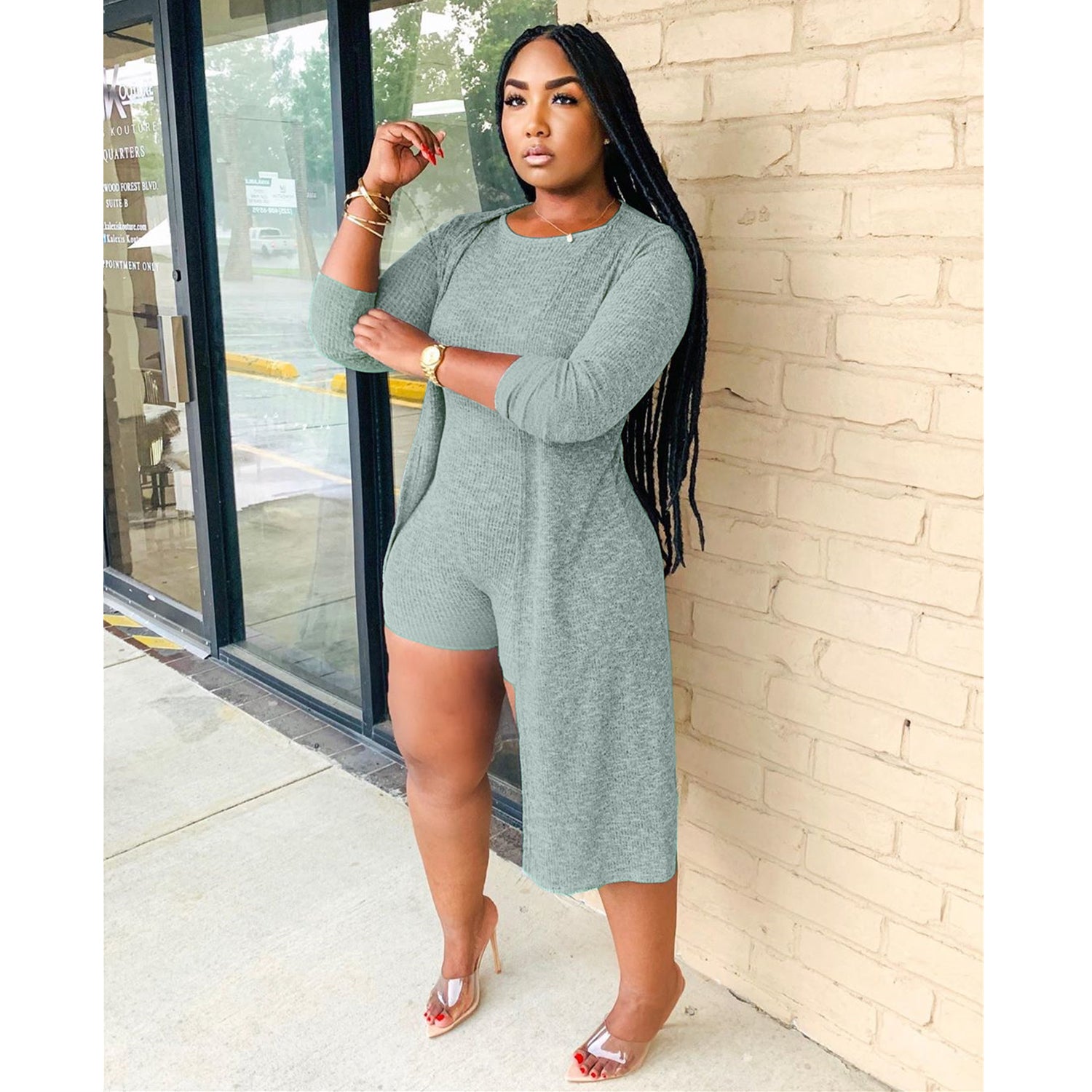 Fashion casual women's clothing Ribbed jumpsuitb + cape two-piece set 8