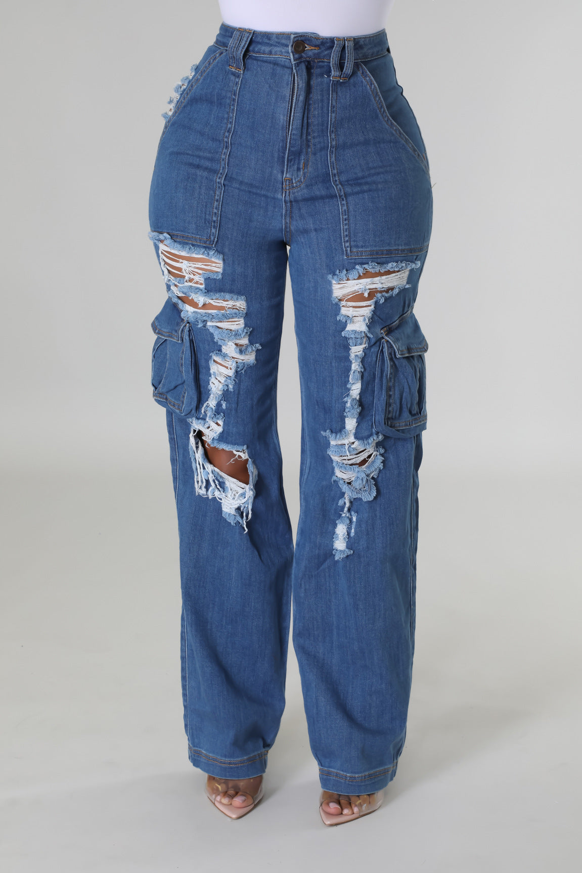 Women Summer Organ Bag Loose Ripped Denim Pant