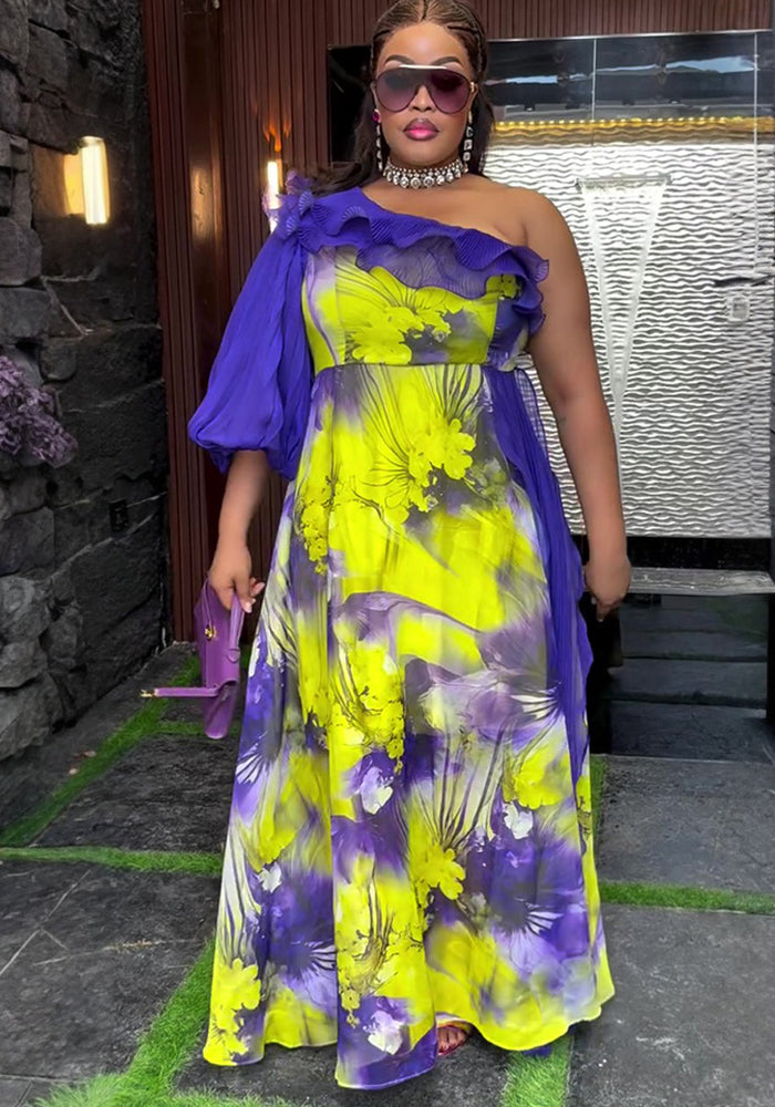 Plus-size African print off-shoulder spring/summer chiffon dress