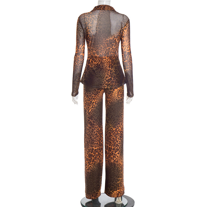 Women Autumn/Winter Leopard Print Mesh Turndown Collar Button Top and Bell Bottom Two-Piece Set 8