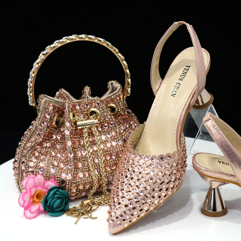 Colorful Rhinestone Bucket Handbag Paired With Pointed Toe Women's Medium Heel Shoes 6