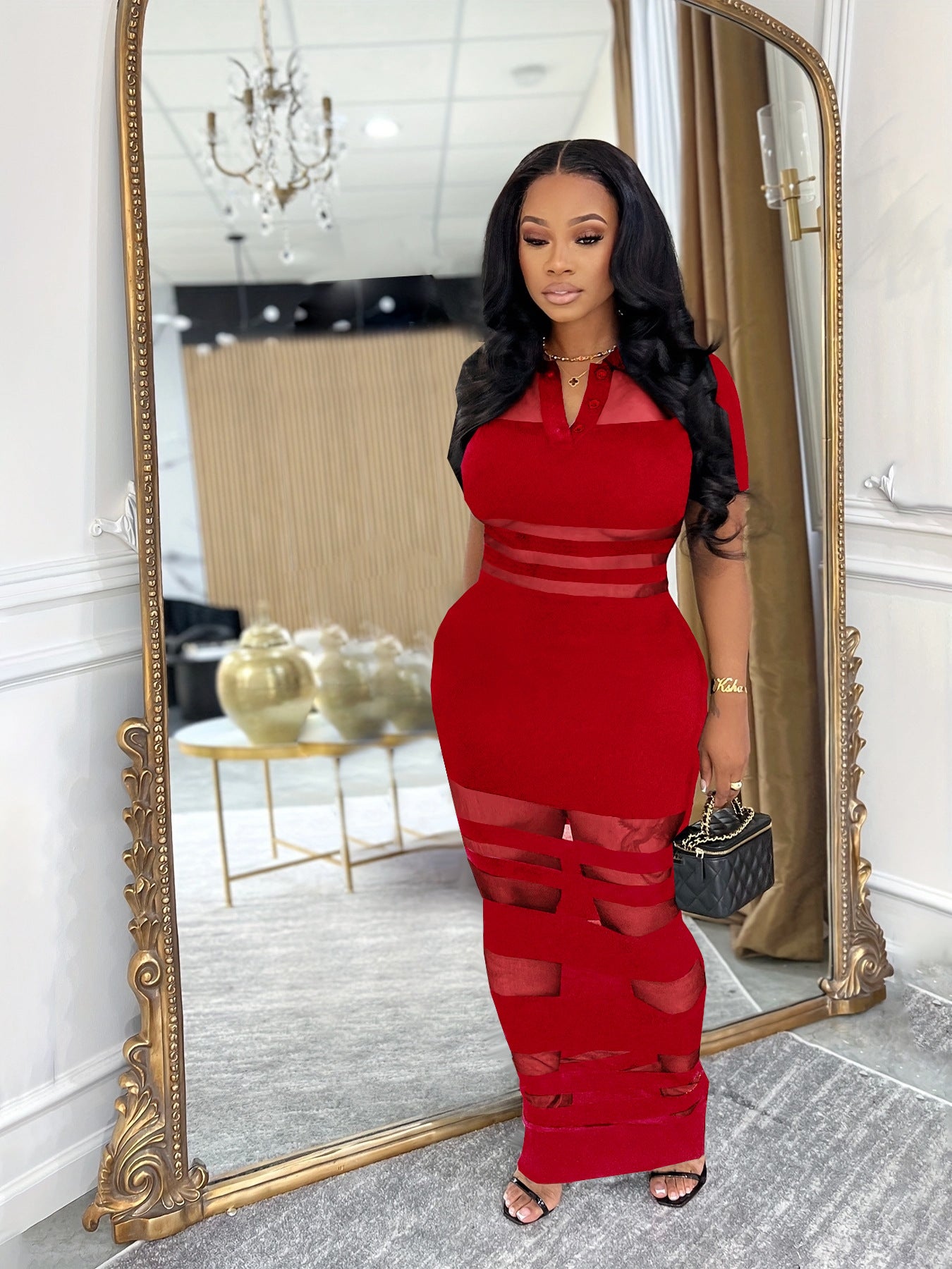 Feminine Mesh Patchwork Turndown Collar Bodycon Dress 9