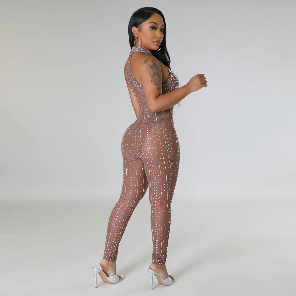 Sexy Cutout Beaded Sexy See-Through Zippered Jumpsuit Slim Fit Sleeveless Trousers 5