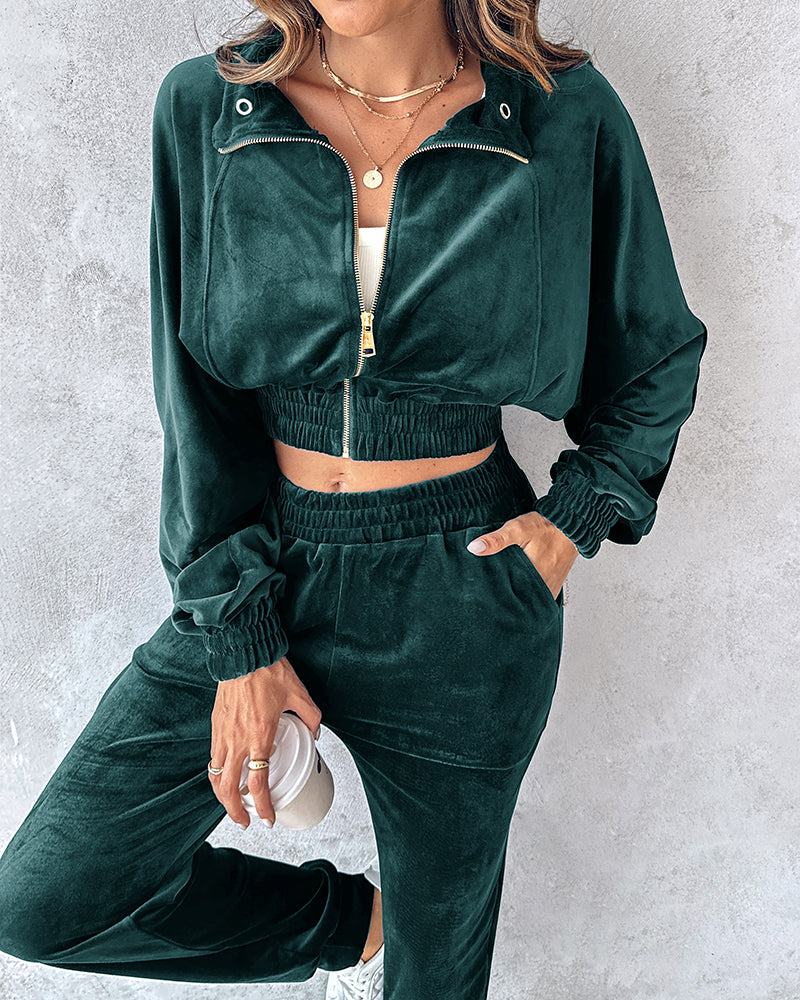 Women Turndown Collar Zipper Velvet Hoodies And Casual Sweatpants Two-Piece Set 8