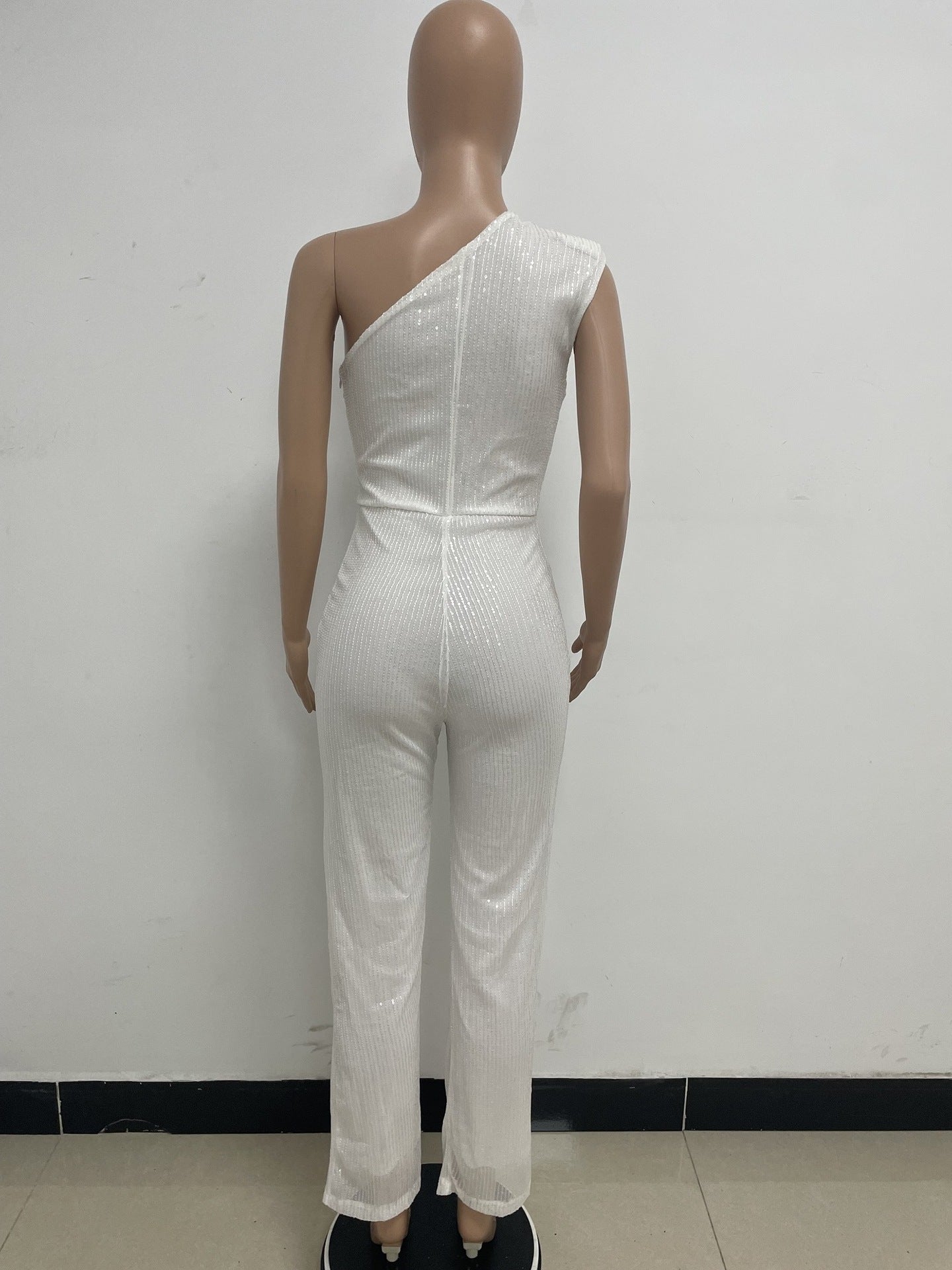 Women's Sleeveless One Shoulder Low Back Sequined Jumpsuit 50