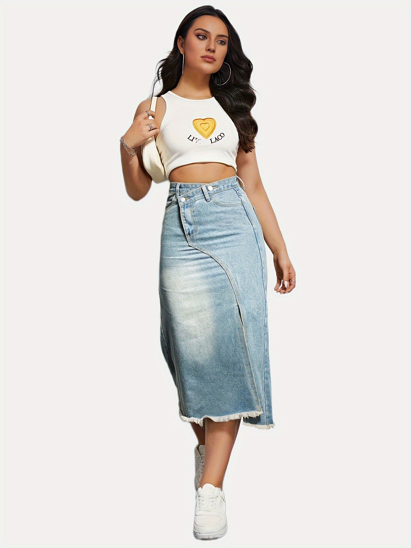 Autumn Women's Fashion Slit Patchwork Retro Denim Skirt 4