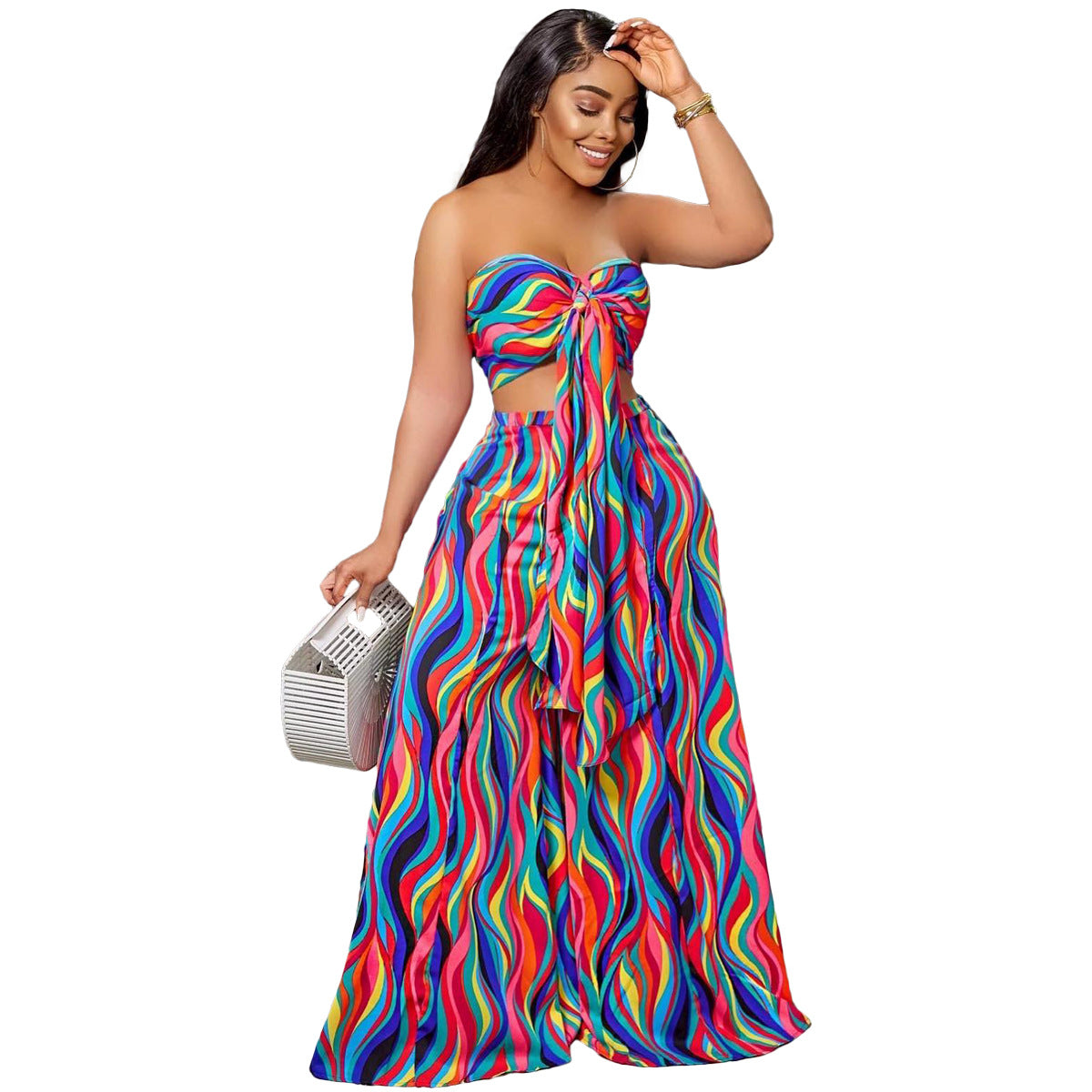 Women's Spring/Summer Colorful Print trapless Tube Top Wide Leg Pants Two Piece Set 5