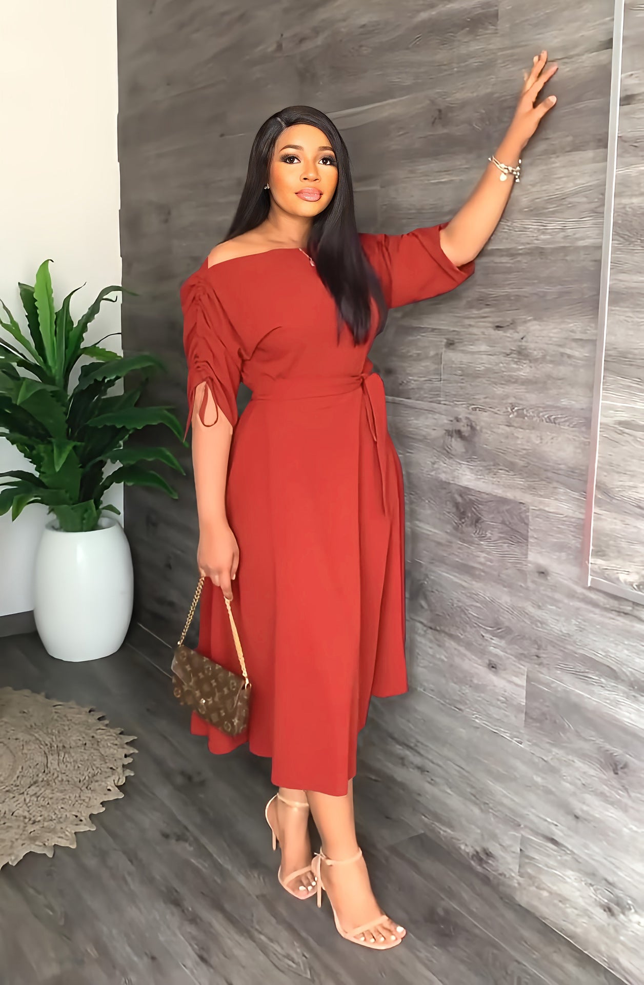 Slash-Shoulder Slim Waist Midi Casual Dress 4