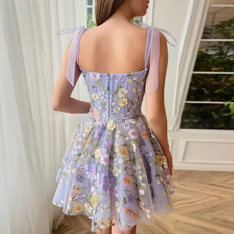 Women's Fashion Flower Embroidery Sexy Strap Bodycon Dress 3