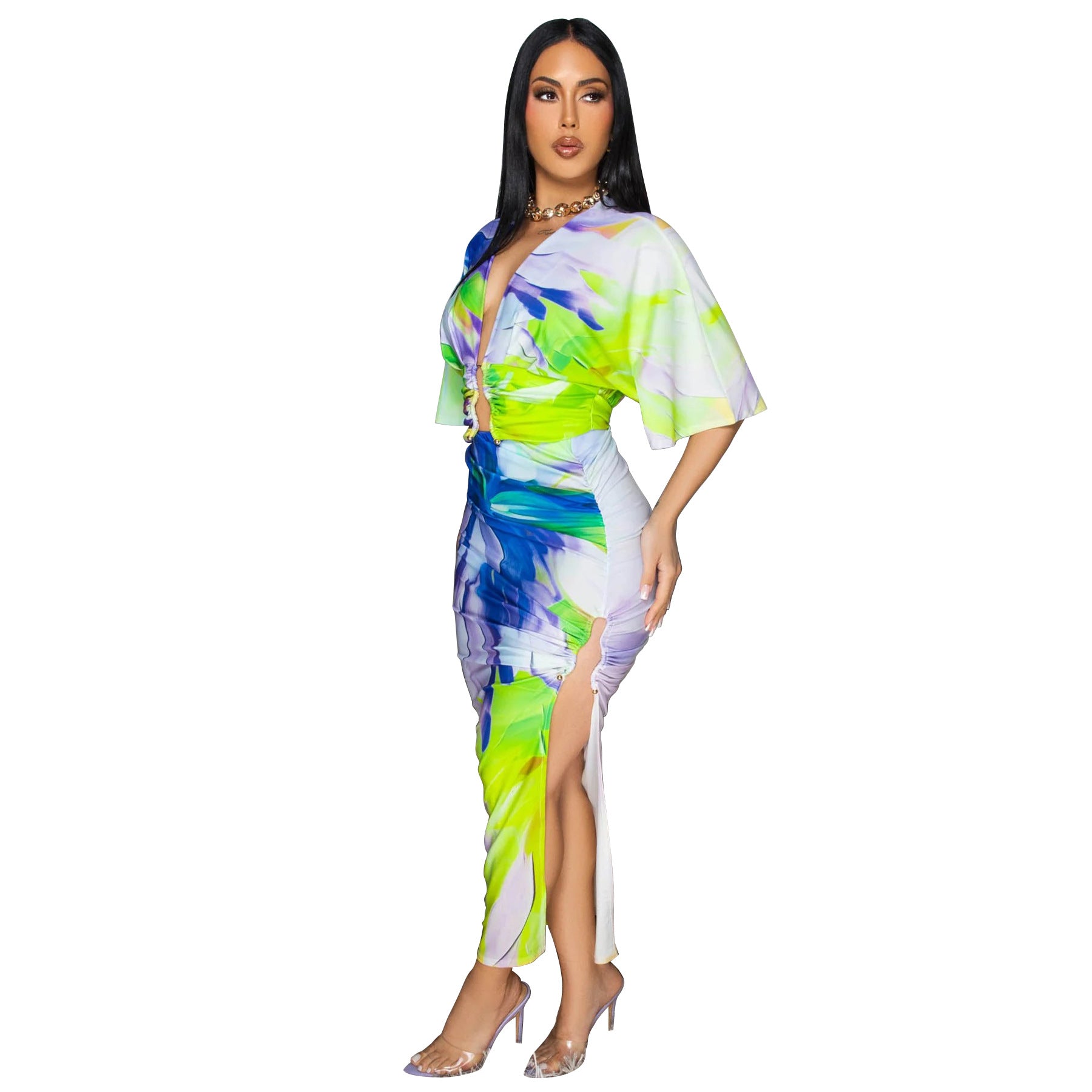 Summer Sexy Printed V Neck Top Side Slit Long Skirt Two Piece Set 49