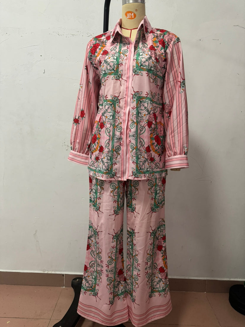 Women Casual Long Sleeve Loose Print Pocket Two-piece Set 6