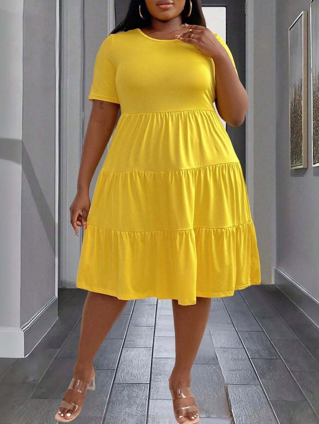 Spring And Summer Plus Size Women's Yellow Loose Short Sleeve Mid-Length Casual Dress 4