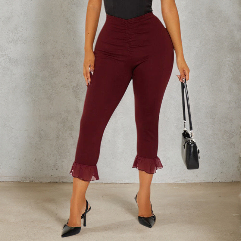 Women's Spring and Summer Ruffled V Waist Solid Color Elastic 7-point Casual Pants 3