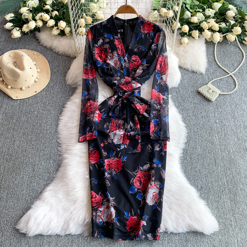 Women French Style Long-Sleeved V-Neck Lace-Up Maxi Print Bodycon Dress 10