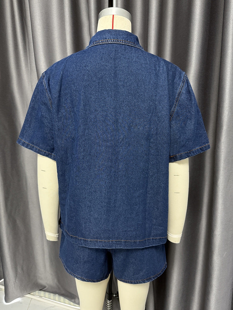 Women Retro Casual Pocket Short Sleeve Shirt and Denim Shorts two-piece set 16