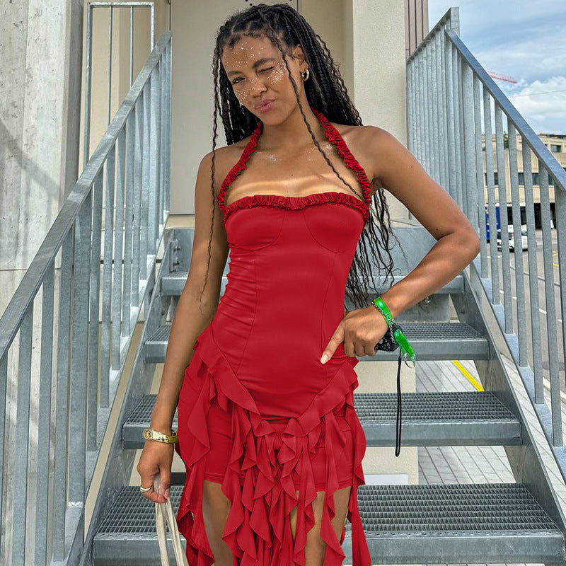 Women Sexy Halter Neck Sleeveless Backless Bodycon Irregular Dress 14