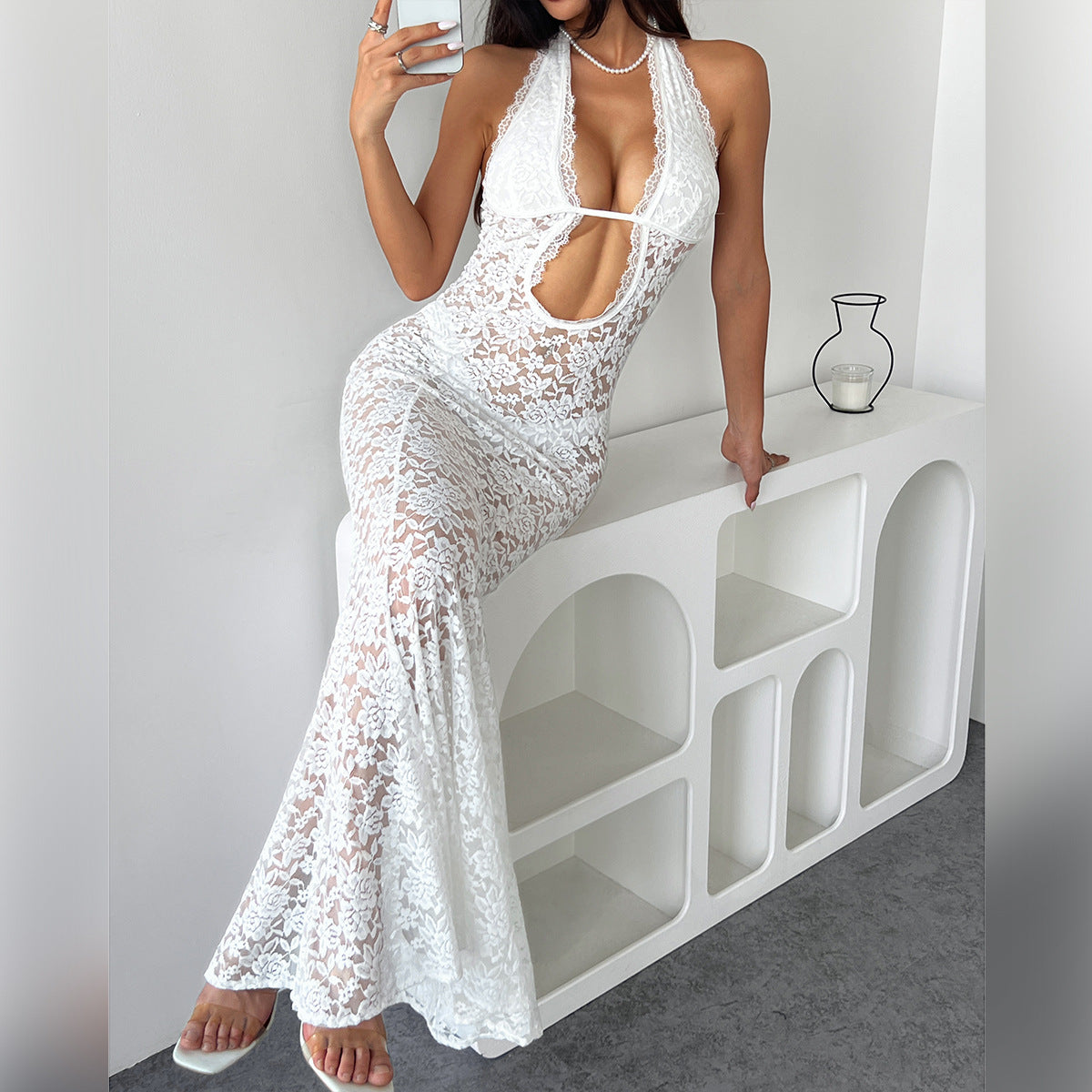 Hollow Halter Neck Sexy See-Through Lace Solid Color Chic Slim Long Dress 4