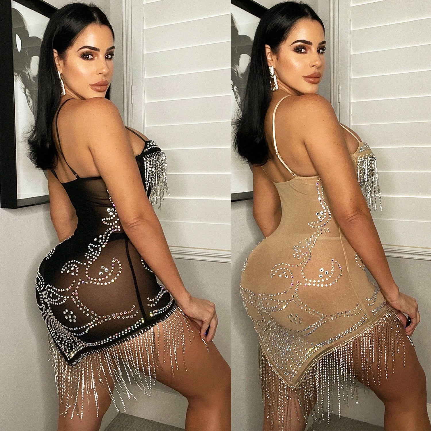 Summer Women's Sexy Mesh Beaded Sling Tassel Dress For Women 4