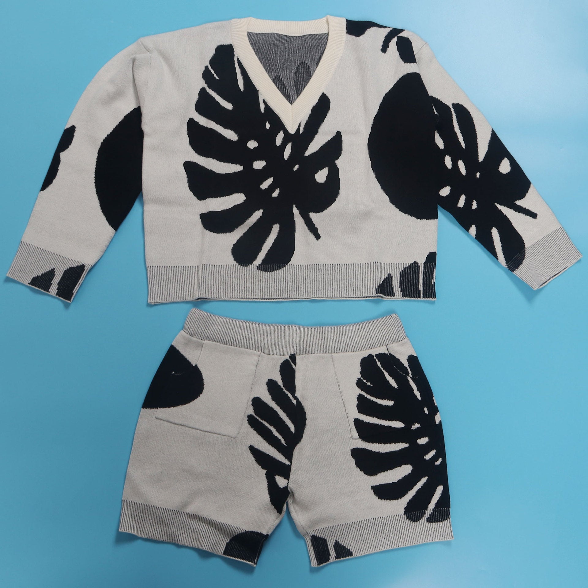 Sexy Leaf V-Neck Pullover Long-Sleeved Sweater Two-Piece Set 46