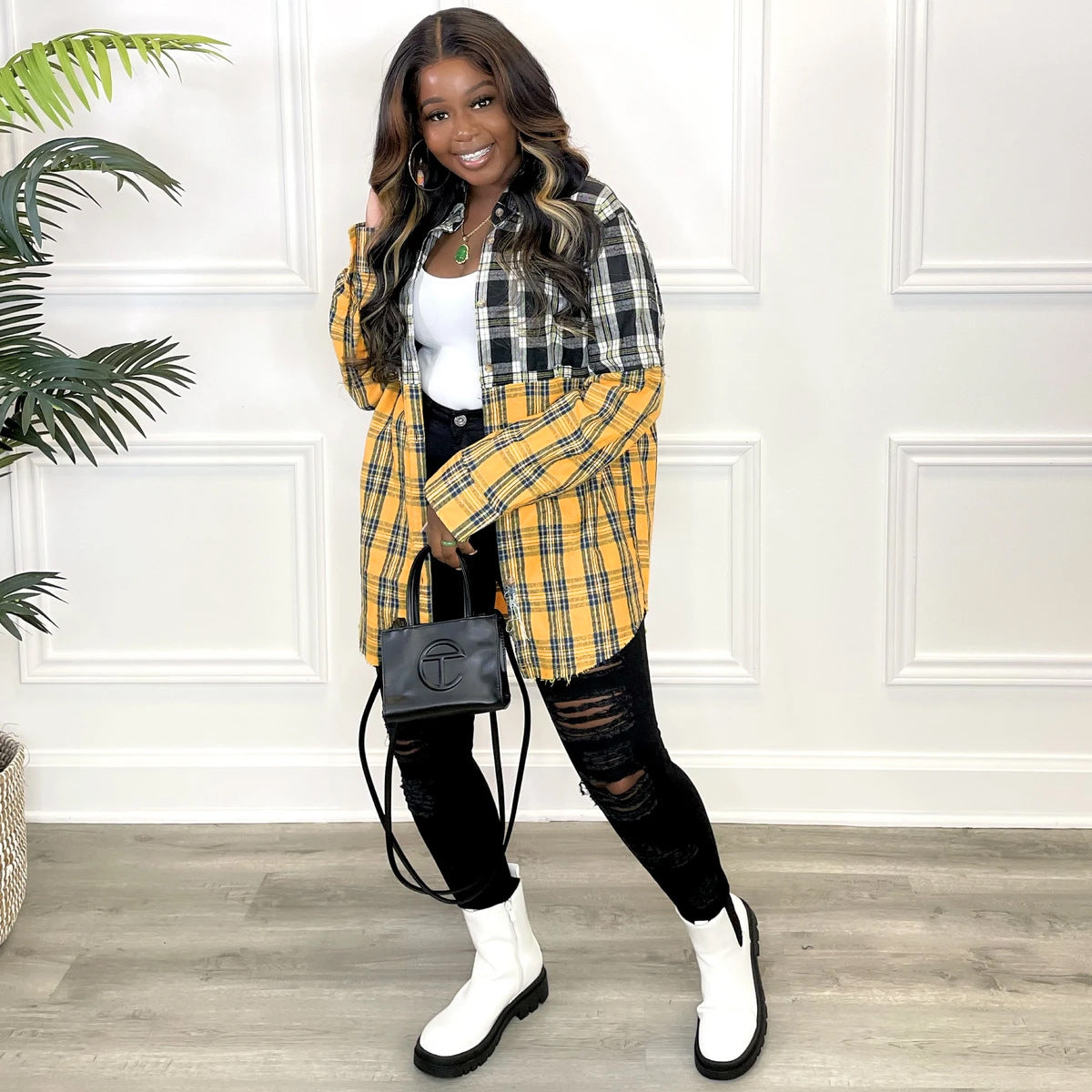 Women's Casual Color Block Patchwork Long Sleeve Shirt Dress